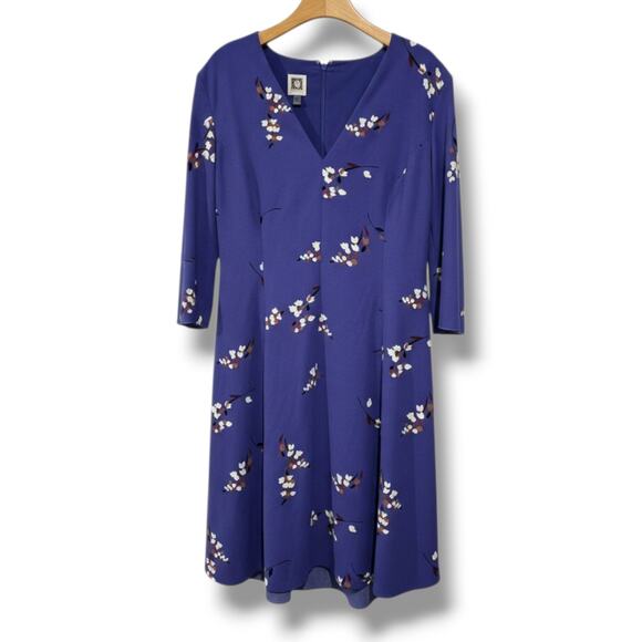 Anne Klein Blue Floral A-Line Dress Women’s Size 14 | Lined Zip-Back Fit & Flare - Picture 2 of 8